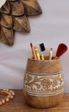 Mie Creations Designer Pencil Holder for Desk Wood | Paintbrush Holder Cup, Desk Accessories, Cute Make Up Brush Organizers | Office Desktop, Wooden Pen Stand | Stationary, Art Supplies | White-4.2''