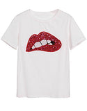 ROMWE Women's Summer Short Sleeve Sequin Lip Print T Shirts Tops White L