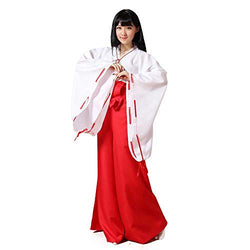 Japanese Anime Kikyo Miko Kimono Cosplay Witch Costume Women's White Kimono Red Hakama Pants Outfit Halloween Costume (XL, White/Red)