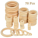 WOWOSS 70 Pcs Unfinished Solid Wooden Rings Natural Wood Teething Rings for Craft, Ring Pendant, DIY Connectors, Jewelry Making, 7 Sizes