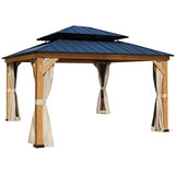 RICHRYCE 13' x 15' Solid Wood Gazebo, Hardtop Gazebo Galvanized Steel Outdoor Gazebo Canopy Double Vented Roof Pergolas Aluminum Frame with Netting and Curtains for Garden, Patio, Lawns