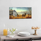 Canvas Print Wall Art Painting of Nature Trees Fences Birds Fog Mist Deer Barn Farm Competition Picture for Living Room Decoration Animals Pictures Photo Prints On Canvas (Deer 1, 40x20inx1panel)