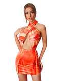 Romwe Women's Tie Dye Sleeveless Criss Cross Backless Lace Up Halter Mini Bodycon Dress Orange S