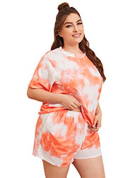 ROMWE Women's Plus Size Tie Dye Shorts Pajma Set Short Sleeve T Shirt 2 Piece PJ Set Sleepwear Orange 5XL