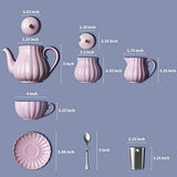 Amazingware Porcelain Tea Set - Tea Cup and Saucer Set Service for 6, with 28 oz Teapot Sugar Bowl Cream Pitcher Teaspoons and Tea Strainer - for Thanksgiving - Pumpkin Fluted Shape, Pink