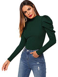 Romwe Women's Elegant Mock Neck Keyhole Back Leg-of-Mutton Long Sleeve Blouse Green Small