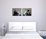 Fokenzary Hand Painted Oil Painting on Canvas Listening Music Pop Gorilla Couple Lover Wall Decor Framed Ready to Hang