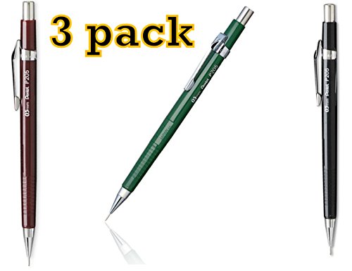 Value Pack of 3 Pentel Sharp Automatic Pencil, 0.5mm, Black, Burgundy, Green Barrels, 3 Pack (P205)