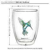 Creano Double Wall Glass Coffee Mugs with Hummingbird 6x 9oz / 250ml (Green ,Red ,Blue ,Purple ,Orange ,Yellow) Double-Walled Tea, Latte Macchiato Glass, Mug, Set of 6