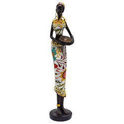 Statue African Figurine Sculpture Colorfull Dress Standing Lady Figurine Statue Decor Collectible Art Piece 11" Inches Tall - Flower Dress Tropical -Body Sculptures Decorative Black Figurines