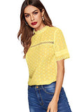 Romwe Women's Short Sleeve Stand Collar Button Embroidery Hollow Out Slim Blouse Top Yellow L