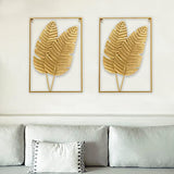 HKaikzo Gold Metal Wall Decor Set of 2, Leaf Wall Hanging Home Decor with Frame, Modern Wall Art Decor Wall Sculptures for Living Room, Bedroom, Office, Hotel, Large 24" X 16"