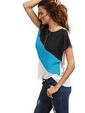 Romwe Women's Color Block Blouse Short Sleeve Casual Tee Shirts Tunic Tops Sky Blue XL