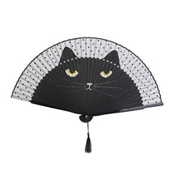 Tinksky Women Cartoon Cat Folding Silk Fan Handheld Fan (Black)
