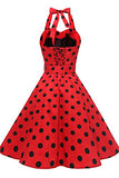 Topdress Women's Vintage Polka Audrey Dress 1950s Halter Retro Cocktail Dress Red/Black Dot M
