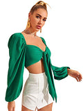 Romwe Women's Sweetheart Neck Tie Knot Front Long Sleeve Crop Tops Blouse Green Large