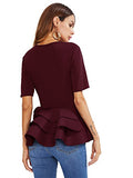 Romwe Women's Vintage Layered Ruffle Hem Slim Fit Round Neck Peplum Blouse Burgundy M