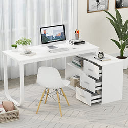 FUFU&GAGA 55.1" Large L-Shaped Office Desk with 41.3" File Cabinet, Corner Computer Desk with 3 Drawers & 2 Shelves, Workstation Executive Desk with Storage Shelf for Home Office (White)