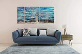 RICHSPACE ARTS Blue Accents Metal Wall Art Home Decor Large Modern Metallic Artwork 3d Horizontal Sculpture with Bright Silver Tree on Aluminum Abstract Wall Decor 5 Panels for Living Room Bedroom Dining Room Office