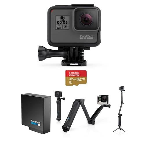 GoPro HERO6 Black - Bundle 3-Way 3-in-1 Mount, 32GB MicroSDHC U3 Card, Spare Battery