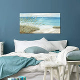 Beach Sea Canvas Wall Art: Coastal Reed Hand Painting Abstract Blue Ocean Sailboat Nautical Picture Modern Seascape Grass Path Artwork Decor for Living Room Bathroom Bedroom