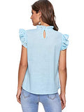 Romwe Women's Sleeveless Ruffle Stand Collar Embroidery Button Slim Blouse Top Blue L