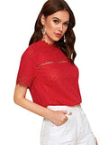 Romwe Women's Short Sleeve Stand Collar Button Embroidery Hollow Out Slim Blouse Top Red M
