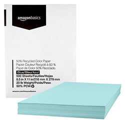 AmazonBasics 50% Recycled Color Paper - Blue, 8.5 x 11 Inches, 20 lbs, 1 Ream (500 Sheets)