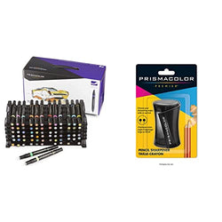 Prismacolor 3722 Premier Double-Ended Art Markers, Fine and Chisel Tip, 72-Count & Premier Pencil Sharpener