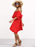 Romwe Women's Off The Shoulder Ruffle Casual Loose Shift Dress red L