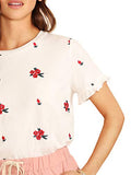 Romwe Women's Floral Short Sleeve Ruffle Embroidery Summer Cotton Blouse Top White M