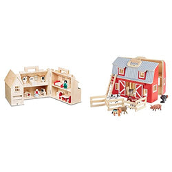 Melissa & Doug Fold & Go Wooden Dollhouse with 2 Play Figures and 11 Pieces of Furniture & Fold and Go Wooden Barn with 7 Animal Play Figures