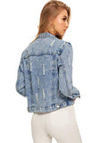 Romwe Women's Casual Long Sleeve Pockets Washed Distressed Denim Jean Jacket Blue L