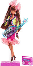 Barbie Rewind 80s Edition Dolls’ Night Out Doll (11.5-in Brunette) in Party Look Featuring Neon Jacket, Skirt & Accessories, with Cassette Tape Doll Stand, Gift for Collectors