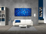 Thick Textured Abstract Squares Canvas Wall Art Hand Painted Artwork Modern Dark Blue add Silver Oil Painting for Home Decor Framed Ready to Hang 48x24inch
