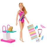 Barbie Dreamhouse Adventures Swim 'n Dive Doll, 11.5-Inch, in Swimwear, with Swimming Feature, Diving Board and Puppy, Gift for 3 to 7 Year Olds