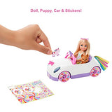 Barbie Club Chelsea Doll (6-inch Blonde) with Open-Top Rainbow Unicorn-Themed Car, Pet Puppy, Sticker Sheet & Accessories, Gift for 3 to 7 Year Olds