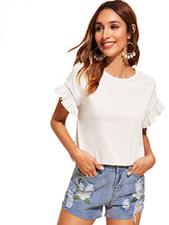 Romwe Women's Short Sleeve Ruffle Trim Contrast Lace Cotton Summer Blouse Top White L