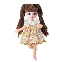 Fancyes Lovely Flexible 20cm BJD Doll with Dress & Shoes Full Set, Long Wig Hair, Fashion Doll, 1/8 Ball Joint Dolls, Play Doll Toy for Girls Birthday Gift - Brown