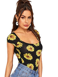 Romwe Women's Sunflower Floral Short Cap Sleeve Scoop Neck Slim Fit Crop Tee Top Yellow L