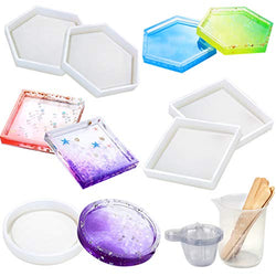 Vindar 5 Pack DIY Silicone Coaster Resin Molds, Epoxy Casting Molds Including Round, Hexagon and Square Mold for Resin, Concrete, Cement, Home Decoration, with Measurement Cup and 10 Wood Sticks