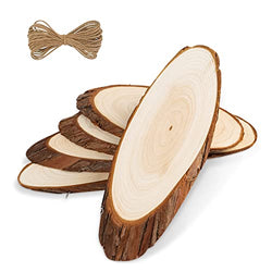 FEZZIA Natural Wood Slices, 5Pcs Oval Shaped Craft Unfinished Wood kit with Rope for Christmas Decorations, DIY Crafts, Arts Wood Slices, Wedding Ornaments, 13.8 - 15.7 Inches (5PCS)