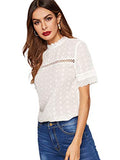 Romwe Women's Short Sleeve Stand Collar Embroidery Button Slim Cotton Blouse Top White XS