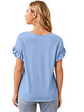 Romwe Women's Short Sleeve Round Neck Contrast Lace Ruffle Trim Cotton Summer Blouse Top Dusty Blue XL