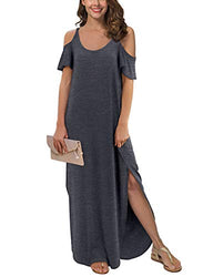 GRECERELLE Women's Summer Strapless Strap Cold Shoulder Casual Loose Dress Cover Up Long Cami Split Maxi Dresses with Pocket Dark Gray-Small