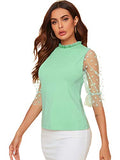 Romwe Women's Summer Short Sleeve Mock Neck Casual Blouse Tops Mint Green Medium