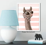 Glamourous Llama - Wall Decor Art Print on a striped light pink and white background - 8x10 unframed print featuring llamas - great gift for relatives and friends