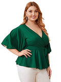 Romwe Women's Plus Size Ruffle Short Sleeve Wrap V Neck Belted Babydoll Tops Blouse Green#1 1X Plus