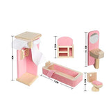 Wooden Dollhouse Furniture Set Including Kitchen Bathroom Bedroom Kid Room for Dollhouse Pink Color