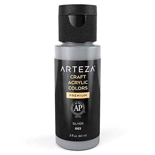 Arteza Craft Acrylic Paint GS2 Silver, 60 ml Bottles, Water-Based, Matte Finish, Blendable Paints for Art & DIY Projects on Glass, Wood, Ceramics, Fabrics, Paper & Canvas